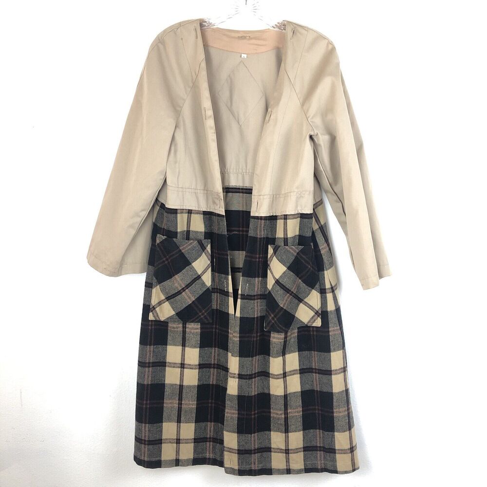 PBD International Jacket LINER Duster Sz S Beige Plaid Light Academia Pocket VTG